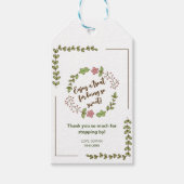 Bruiloft met groene bladeren en roze bloemen cadeaulabel (Voorkant)