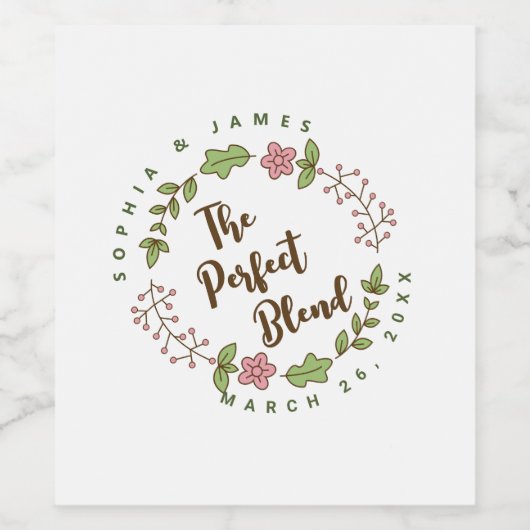 Bruiloft met groene bladeren en roze bloemen wijn etiket (Enkel label)