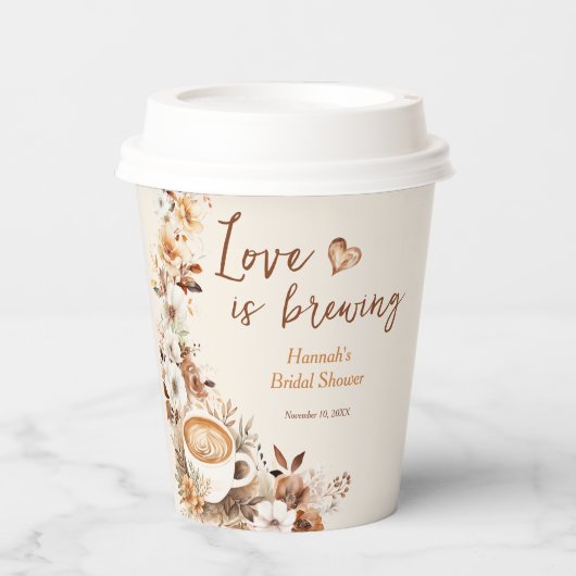 Bruiloft met Koffie Thema: Love is Brewing Papieren Bekers (Voorkant)