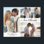 Bruiloft met laag budget Foto Collage Bedankkaart<br><div class="desc">Budget, Elegant, Minimalistisch Handgeschreven Script 4 Foto Collage Trouw Dankjewel gepersonaliseerd betaalbaar laag budget dun kaartje. Stijlvol trouw dankjewel kaart sjabloon met vier foto's op de voorkant en één foto op de achterkant. Met de tekst "Liefde en dank" in een kronkelend handgeschreven lettertype met zwart staartje op witte achtergrond. Klein...</div>