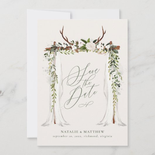 Bruiloft met landelijke takken- en bladerenkroon save the date (Voorkant)