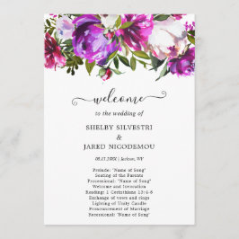 Bruiloft met levendig paarse bloemen en elegant programmakaart