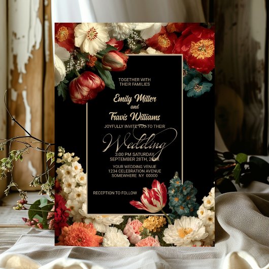 Bruiloft met levendige, sombere bloemen en zwart kaart