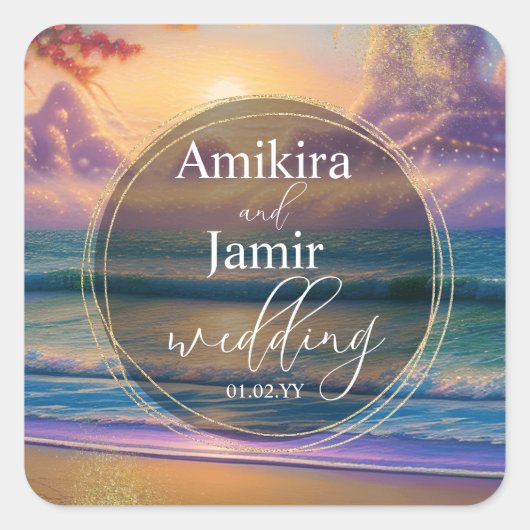 Bruiloft Met Levendige Strandachtergrond En Nep Gl Vierkante Sticker (Voorkant)