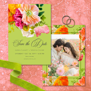 Bruiloft met levendige zomerbloemen limoen oranje  save the date