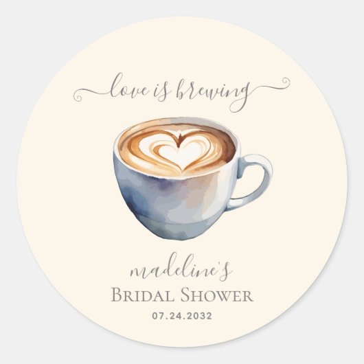Bruiloft met 'Love is Brewing Coffee' thema Ronde Sticker (Voorkant)