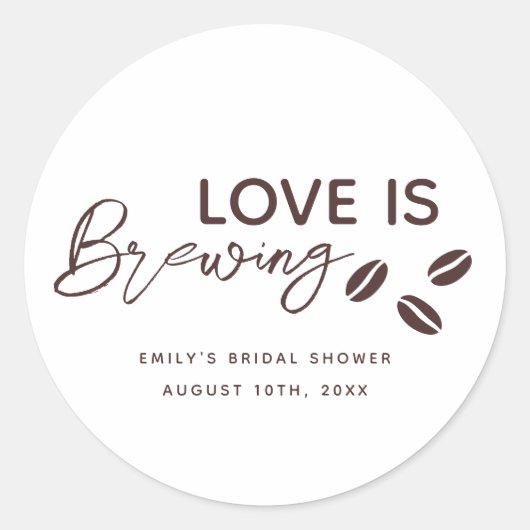 Bruiloft met 'Love is Brewing' koffiethema Ronde Sticker (Voorkant)