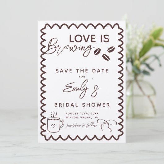 Bruiloft met 'Love is Brewing' koffiethema Save The Date (Staand voorkant)