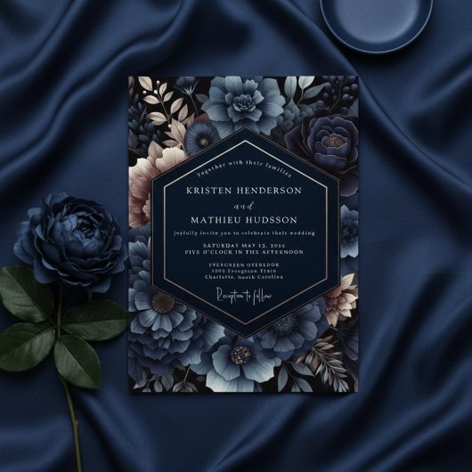 Bruiloft met Navy Bloemen Luxe Romantiek Kaart
