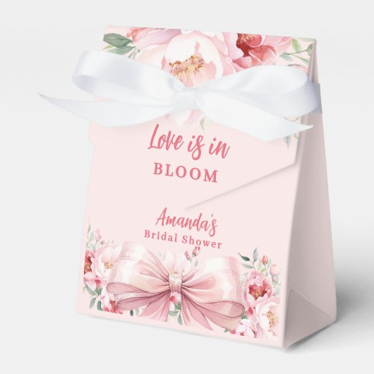Bruiloft met roze bloemen en strik bedankdoosjes (Voorkant Zijde)