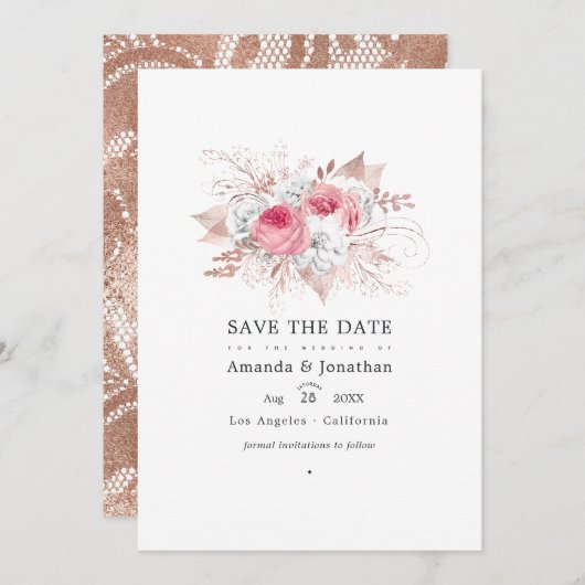 Bruiloft met Roze en Roze Gouden Bloemen en Kant Save The Date (Voorkant / Achterkant)