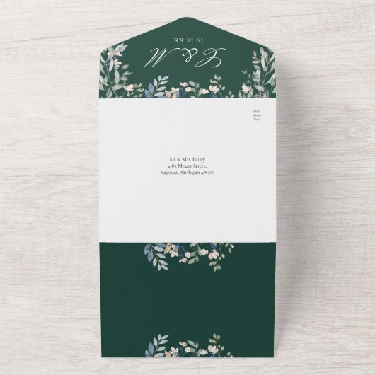 Bruiloft met smaragdgroene bloem QR-code All In One Uitnodiging (Buitenkant)