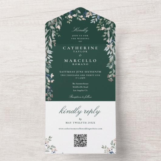 Bruiloft met smaragdgroene bloem QR-code All In One Uitnodiging (Binnen)