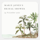 Bruiloft met strand en tropische palmen in rustiek vierkante sticker (Voorkant)