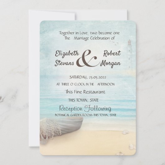 Bruiloft met strandbootvuurtoren kaart (Voorkant)