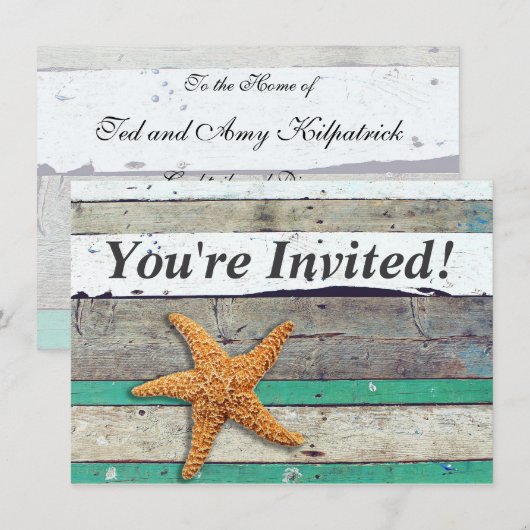 Bruiloft met strandthema zeester rustiek kaart (Voorkant / Achterkant)