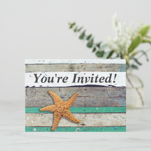 Bruiloft met strandthema zeester rustiek kaart (Staand voorkant)