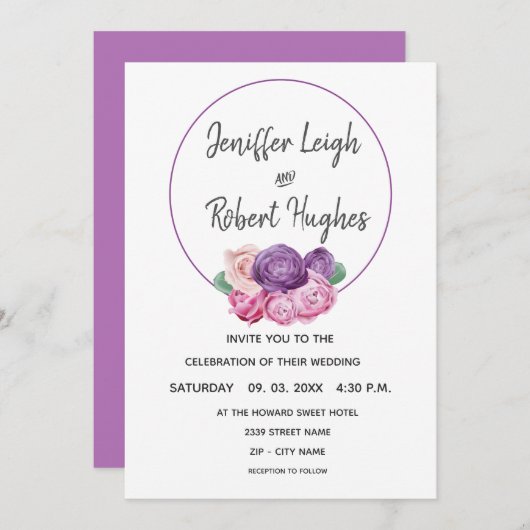 bruiloft met ultraviolet en roze rozen kaart (Voorkant / Achterkant)