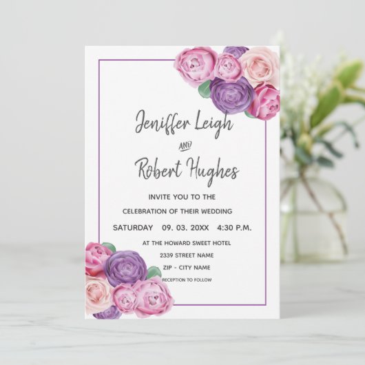 bruiloft met ultraviolet en roze rozen kaart (Staand voorkant)