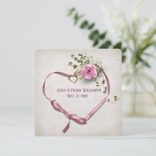 bruiloft met verlenging roze linthart met ringen kaart (Staand voorkant)