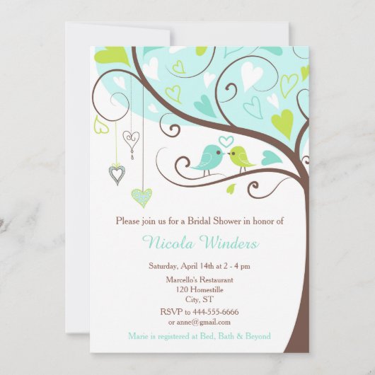 Bruiloft met Vogels Hartjes Boom Blauw en Groen Kaart (Voorkant)