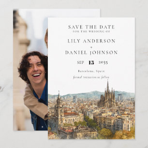 Bruiloft met watercolor foto van de skyline van Ba Save The Date