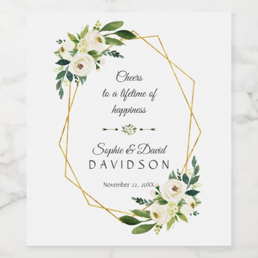 Bruiloft met witte groene bloemengoud frame wijn etiket (Enkel label)