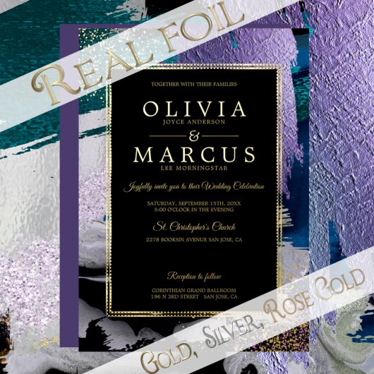 Bruiloft | Metallic Peacock Blauwgroen penseelstre Folie Uitnodiging