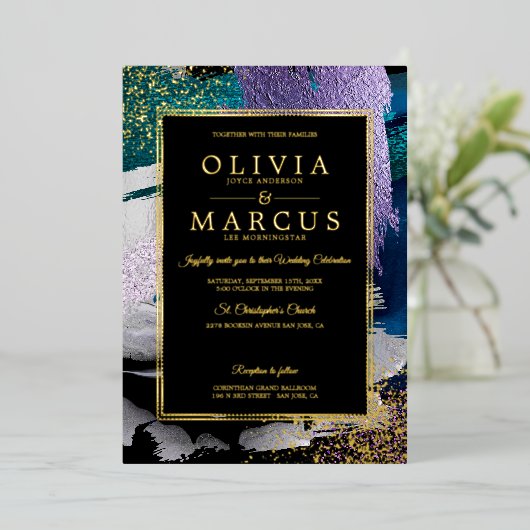 Bruiloft | Metallic Peacock Blauwgroen penseelstre Folie Uitnodiging (Staand Voorkant)