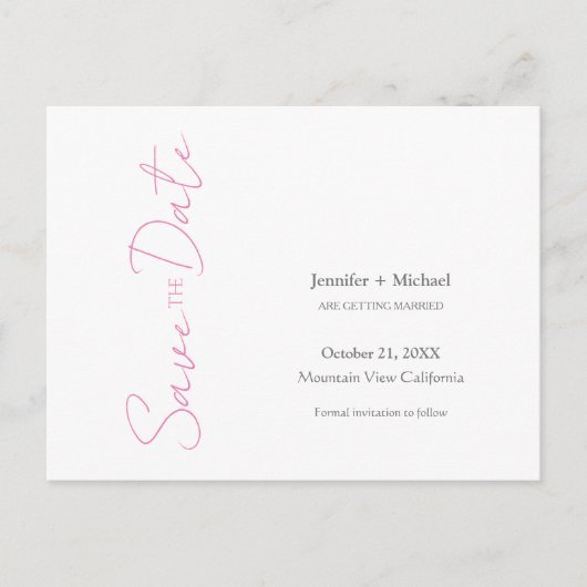 Bruiloft Minimalistische kalligrafie Roze Wit Aankondigingskaart (Voorkant)