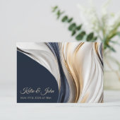 Bruiloft Modern Abstract- Blauw Wit en Goud RSVP Kaartje (Staand voorkant)