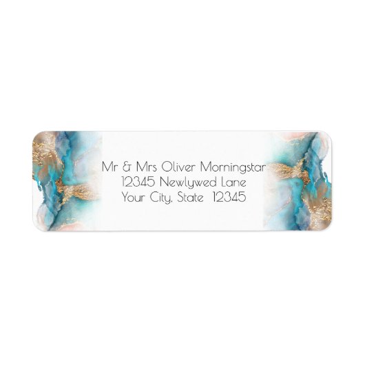 bruiloft | Modern Aqua en Gold Abstract Etiket (Voorkant)
