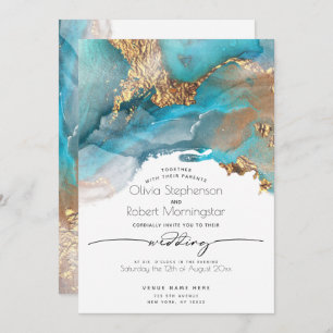 BRUILOFT Modern Aqua en Gold Marked Ink Invita Kaart