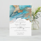 BRUILOFT | Modern Aqua en Gold Marked Ink Kaart (Staand voorkant)