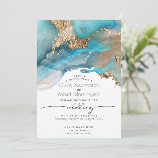 BRUILOFT | Modern Aqua en Gold Marked Ink Kaart (Staand voorkant)