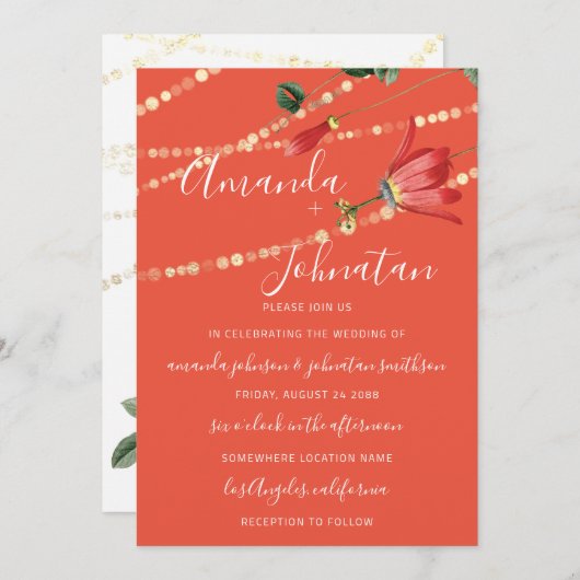 Bruiloft Modern Monogram Koraal Wit Lichten Goud Kaart (Voorkant / Achterkant)