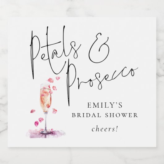 Bruiloft 'Modern Script Petals Prosecco Cheers' Sparkling Wijnetiket (Enkel label)