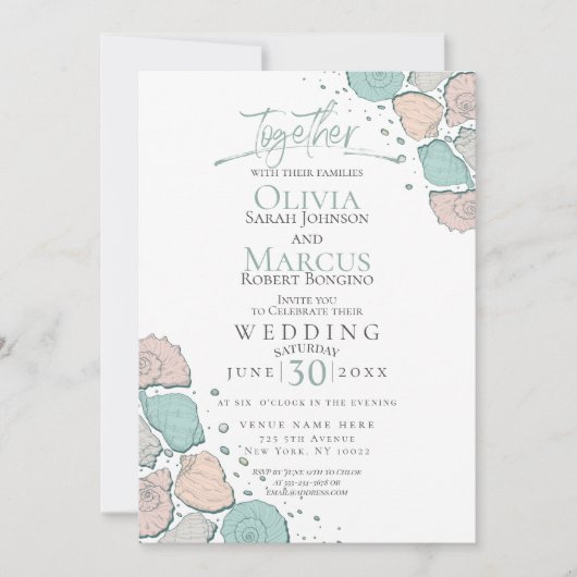 Bruiloft | Modern Seashells Coral Blauwgroen Green Kaart (Voorkant)