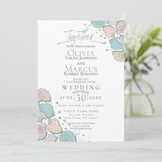 Bruiloft | Modern Seashells Coral Blauwgroen Green Kaart (Staand voorkant)
