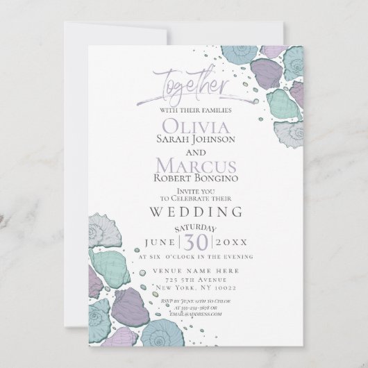 Bruiloft | Modern Seashells Violet Dusty Blue Kaart (Voorkant)