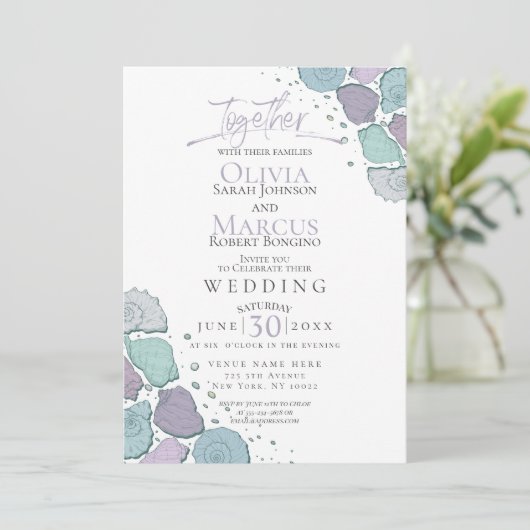 Bruiloft | Modern Seashells Violet Dusty Blue Kaart (Staand voorkant)