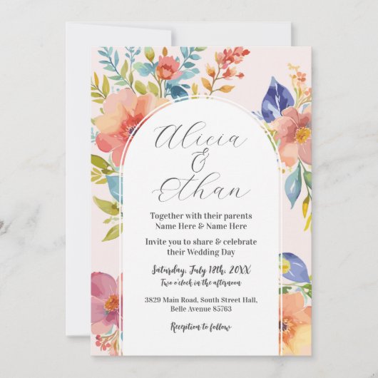 Bruiloft Moderne Bloemen Stijlvol Roze Kaart (Voorkant)