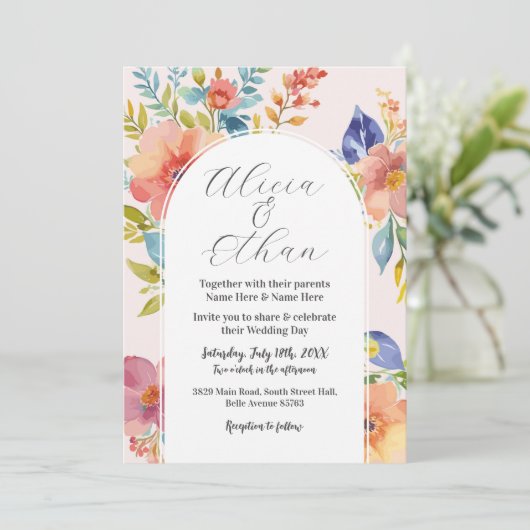 Bruiloft Moderne Bloemen Stijlvol Roze Kaart (Staand voorkant)