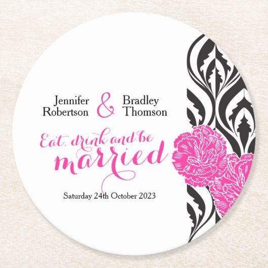 Bruiloft moderne luxe roze custom papier onderzett ronde kartonnen onderzetter (Voorkant)