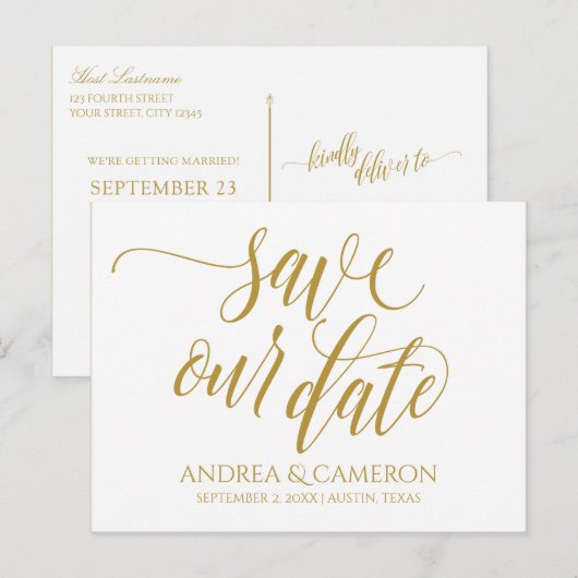 Bruiloft Moderne Typografie Save-the-Date | Goud Aankondigingskaart (Voorkant / Achterkant)