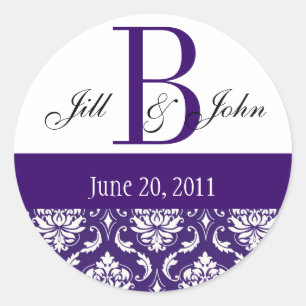 Bruiloft Monogram B Namen Datum Paisley Paarse zeg Ronde Sticker