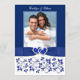 Bruiloft   Monogram   Blauw, Wit   Bloemen   FOTO Kaart