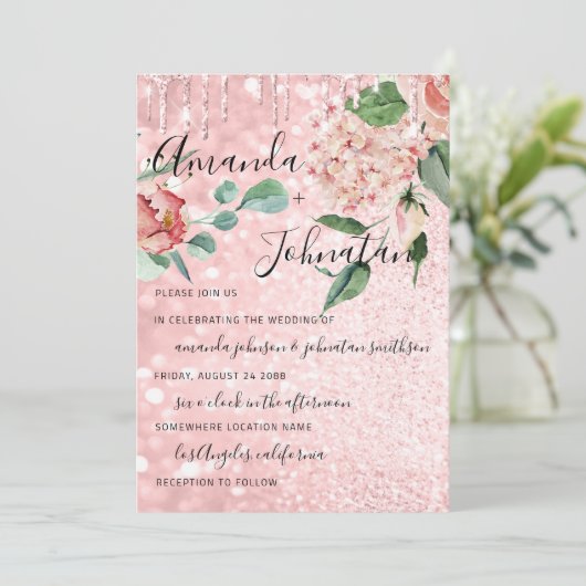 Bruiloft Monogram Drips Florals Mint Glitter Roze Kaart (Staand voorkant)