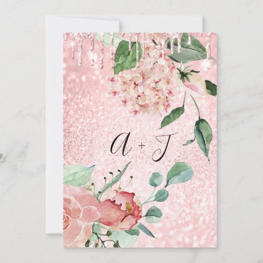 Bruiloft Monogram Drips Florals Mint Glitter Roze Kaart (Achterkant)
