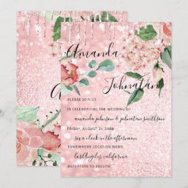 Bruiloft Monogram Drips Florals Mint Glitter Roze Kaart